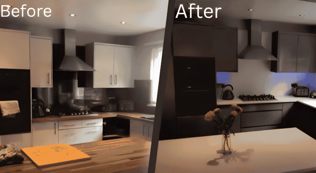 Kitchen before and after vinyl wrap.