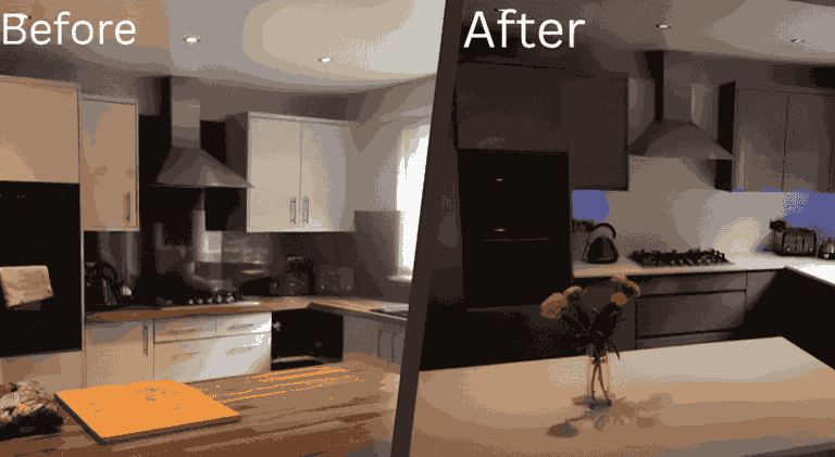 Modern kitchen before and after makeover, showing sleek cabinets, improved lighting, and stylish countertop transformation.