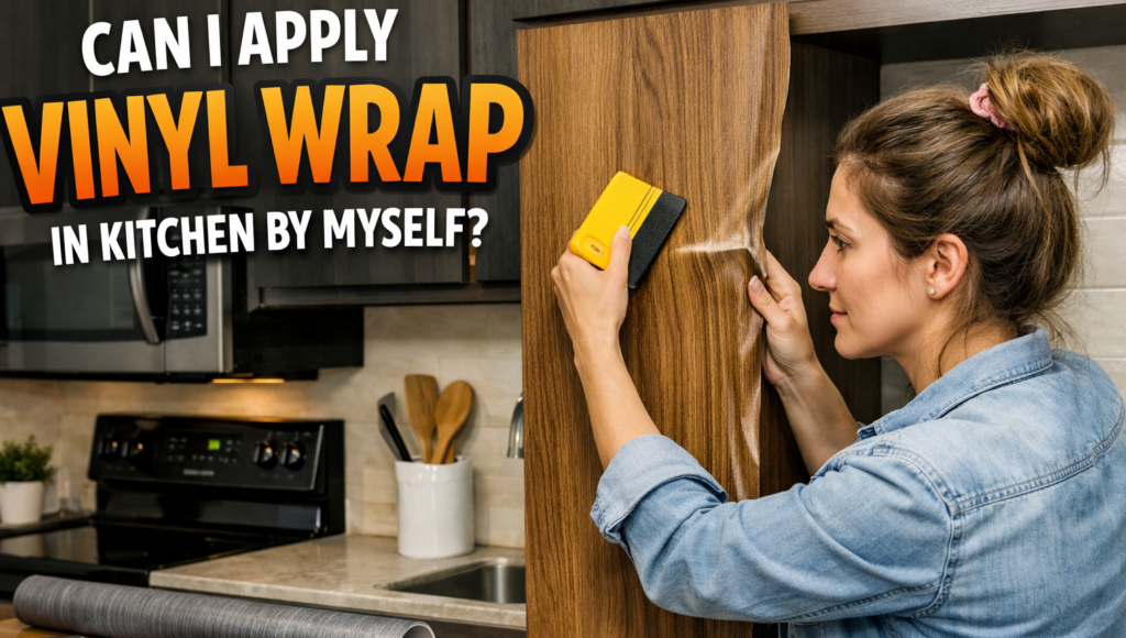 Woman using squeegee to apply vinyl wrap to wooden kitchen cabinet, professional DIY look.
