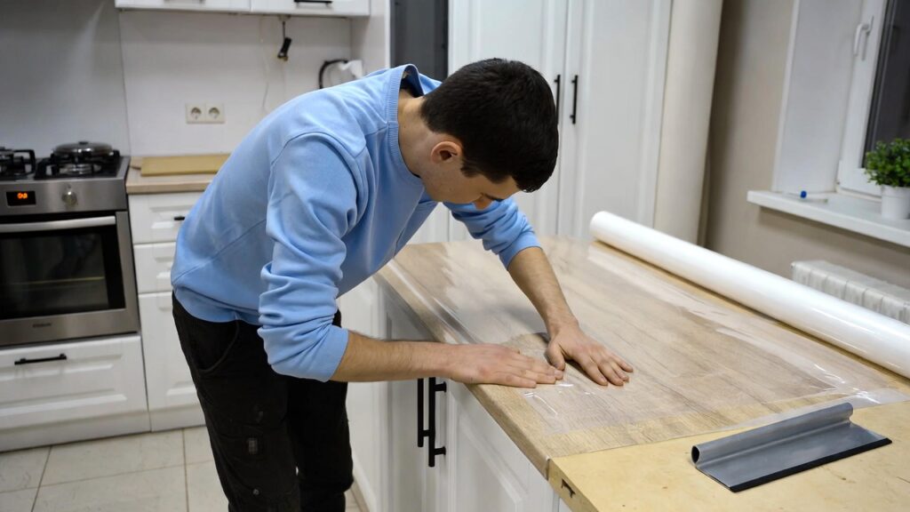 Man in blue sweater carefully applying clear vinyl wrap to wooden kitchen countertop using hands to smooth it out professionally.